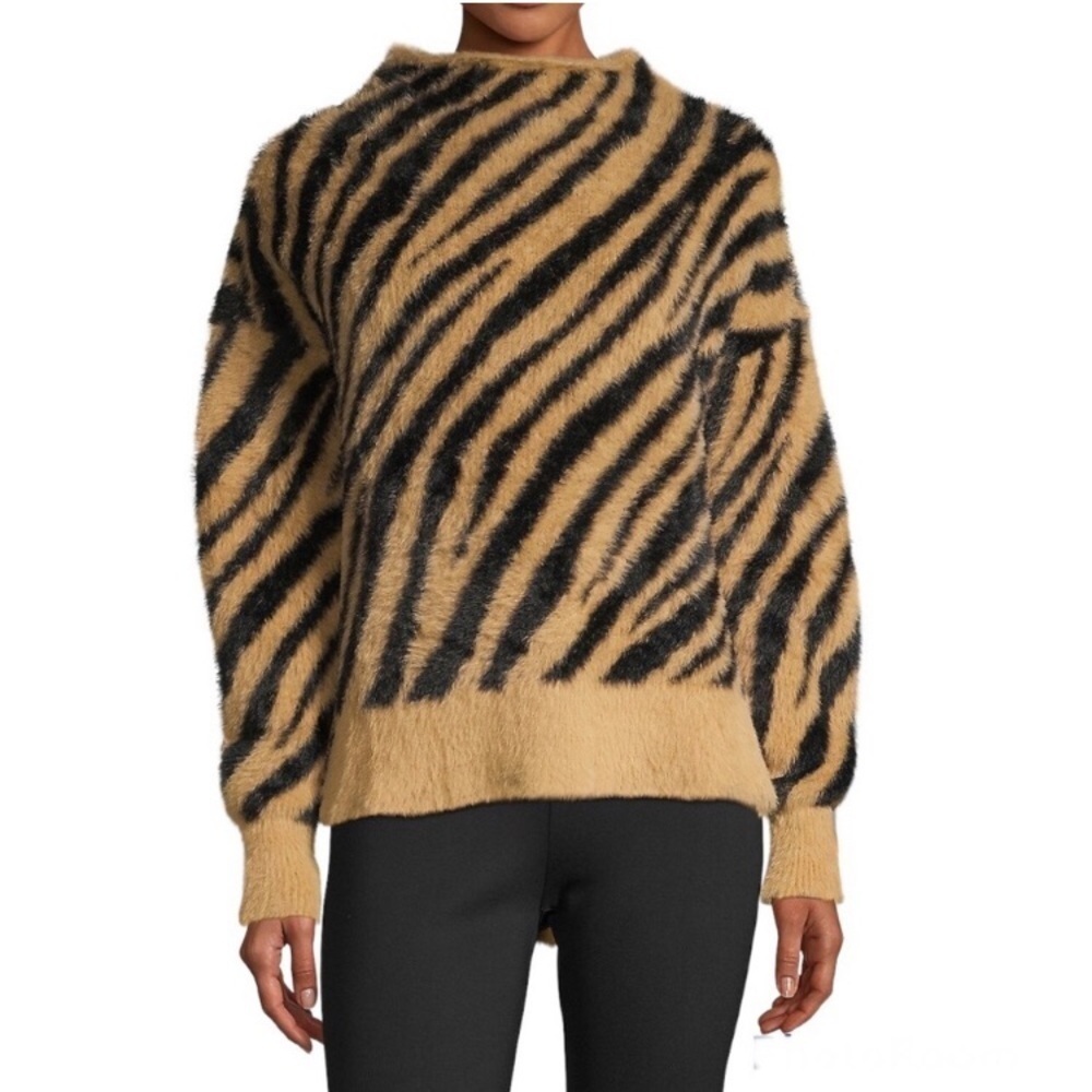 NWT En Thread Faux Fur Tiger Animal Print Mock Neck Oversized Sweater Size Large